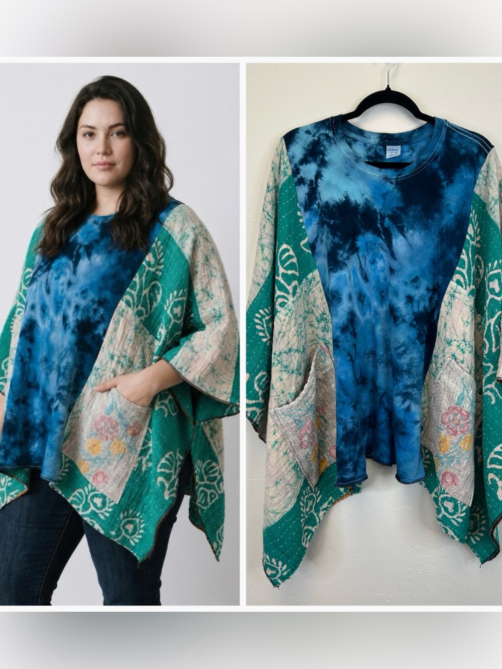 Tie Dye Patchwork Kantha Poncho One Size Pockets Hippie Boho Festival Camping